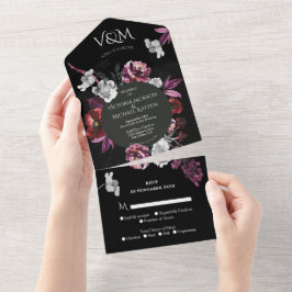Invitación Todo En Uno Elegante Floral de Boda Morado Oscuro con Estilo
