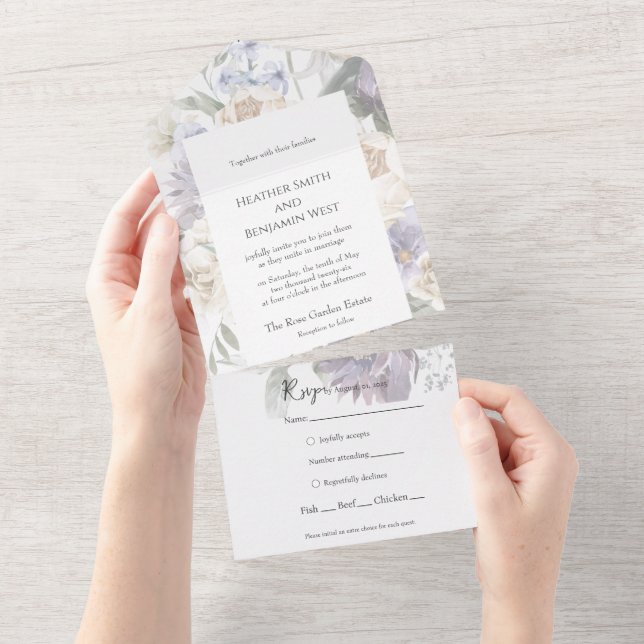 Invitación Todo En Uno Elegante floral en lavanda, marfil y azul todo en  (desgarro)