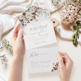 Invitación Todo En Uno Elegante Floral Festivo Vacacional Boda de Inviern