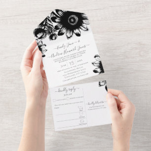 Invitación Todo En Uno Elegante Floral Girasol Negro y Blanco