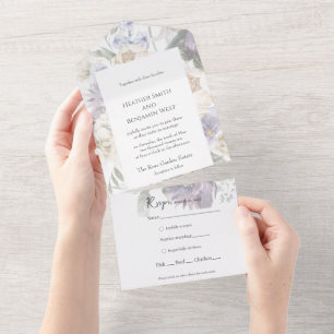 Invitación Todo En Uno Elegante Floral Integral Lavanda, Marfil y Azul