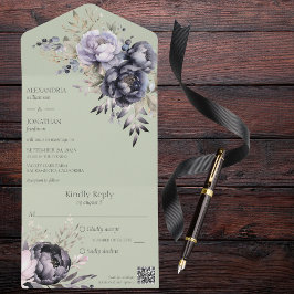Invitación Todo En Uno Elegante floral negra y de lavanda en el código QR