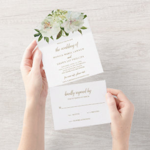 Invitación Todo En Uno Elegante Floral Neutral Blanco Marfil Bodas de Oro