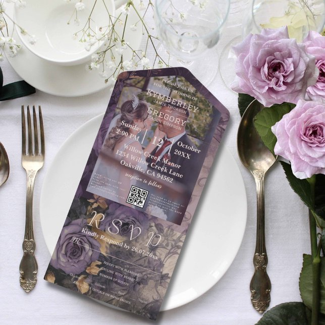 Invitación Todo En Uno Elegante Floral Pluma oscura Rosa púrpura Foto Cód (Subido por el creador)