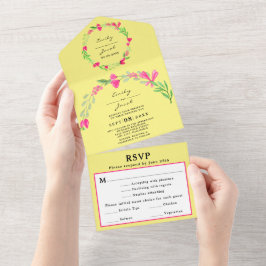 Invitación Todo En Uno Elegante Floral Rosa Verde Amarillo Claro RSVP Bod
