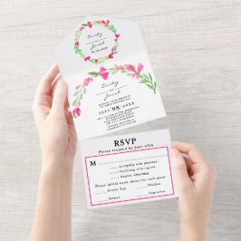 Invitación Todo En Uno Elegante Floral Rosa Verde Blanco RSVP de Boda