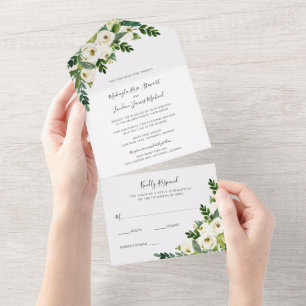 Invitación Todo En Uno Elegante Floral Rosas Blancas Verde Boda