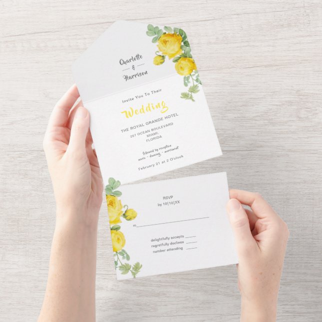 Invitación Todo En Uno Elegante Floral Sunny Roses Amarillos Boda Todo En (desgarro)
