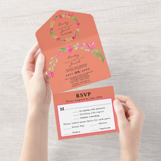 Invitación Todo En Uno Elegante Floral Verde Rosa Naranja Coral RSVP