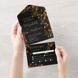 Invitación Todo En Uno Elegante Foliage floral de color negro y oro