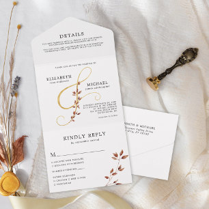 Invitación Todo En Uno Elegante Foliage Gold Ampersand Boda