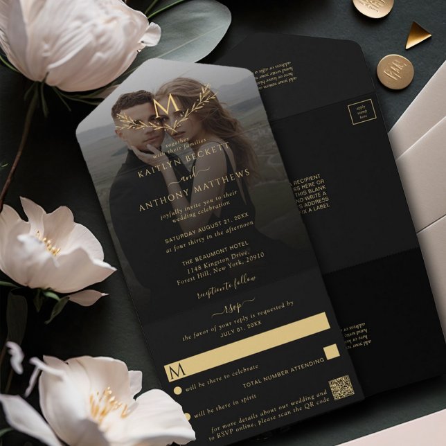 Invitación Todo En Uno Elegante foto de Boda de guirnaldas de monograma n (Subido por el creador)