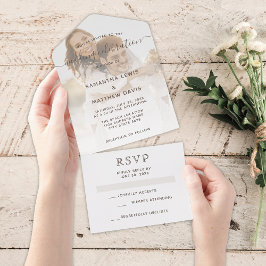 Invitación Todo En Uno Elegante foto de boda de pareja marrón neutral