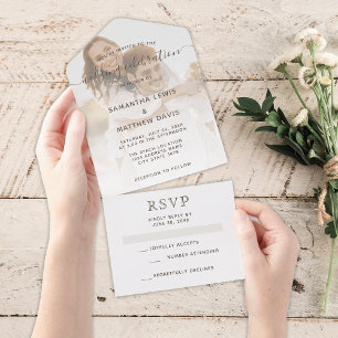 Invitación Todo En Uno Elegante foto de boda de pareja marrón neutral
