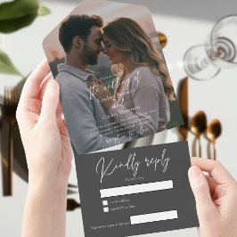 Invitación Todo En Uno Elegante foto de boda gris moderna con RSVP