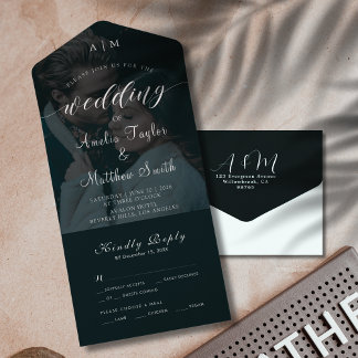 Invitación Todo En Uno Elegante foto de Moda Boda RSVP en blanco y negro