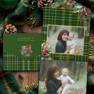 Invitación Todo En Uno Elegante foto de Navidades de Green/Gold Plaid Hol