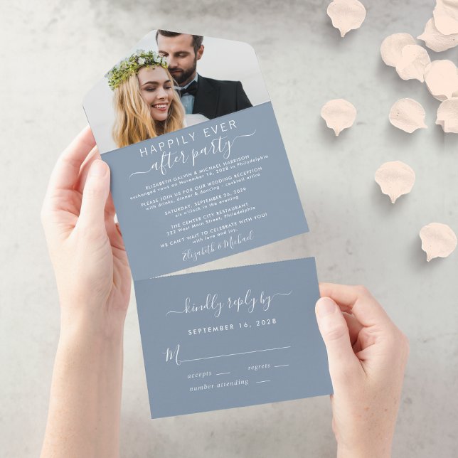 Invitación Todo En Uno Elegante Foto Dusty Blue Wedding Recepcion (Subido por el creador)