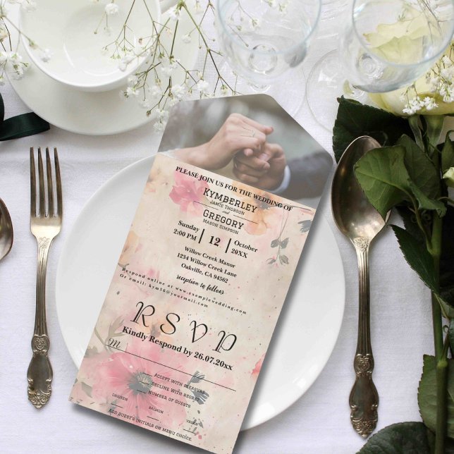 Invitación Todo En Uno Elegante Foto Floral de Acuarela con Crema de Melo (Subido por el creador)