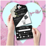 Invitación Todo En Uno Elegante foto floral única en blanco y negro<br><div class="desc">Romántica y única invitación floral blanca y negra a la boda. Las letras blancas y los toques de caligrafía acompañan perfectamente a las hermosas flores, junto con el sombrero de la parte superior negra para el caballero y un gorra blanco para la futura novia. Cuidadosamente etiquetada como "Ms. y Mr."...</div>
