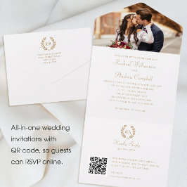 Invitación Todo En Uno Elegante foto Monograma QR Boda blanco dorado