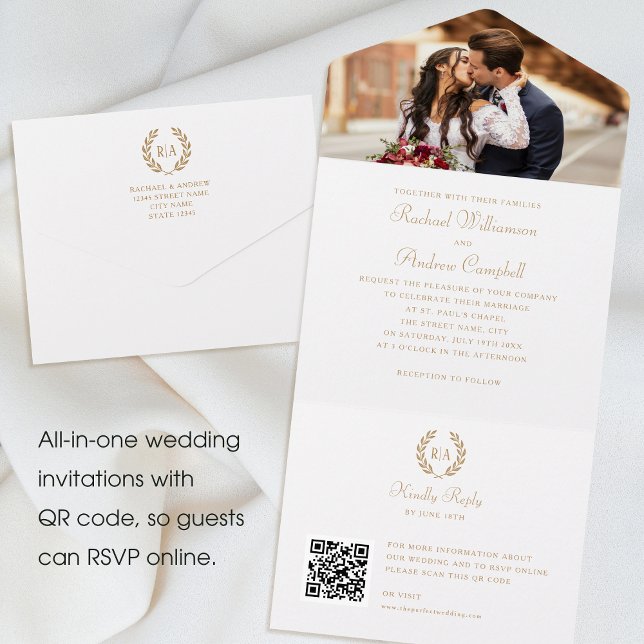 Invitación Todo En Uno Elegante foto Monograma QR Boda blanco dorado (Subido por el creador)