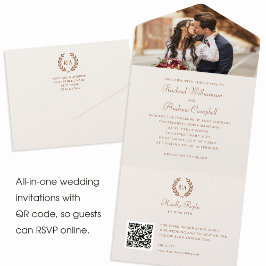Invitación Todo En Uno Elegante foto Monograma QR Terracotta Cream Boda