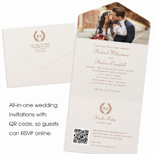 Invitación Todo En Uno Elegante foto Monograma QR Terracotta Cream Boda