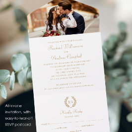 Invitación Todo En Uno Elegante foto simple Monograma Oro Boda blanco