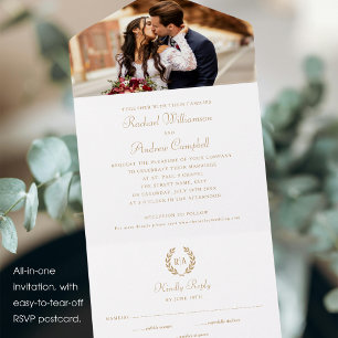 Invitación Todo En Uno Elegante foto simple Monograma Oro Boda blanco