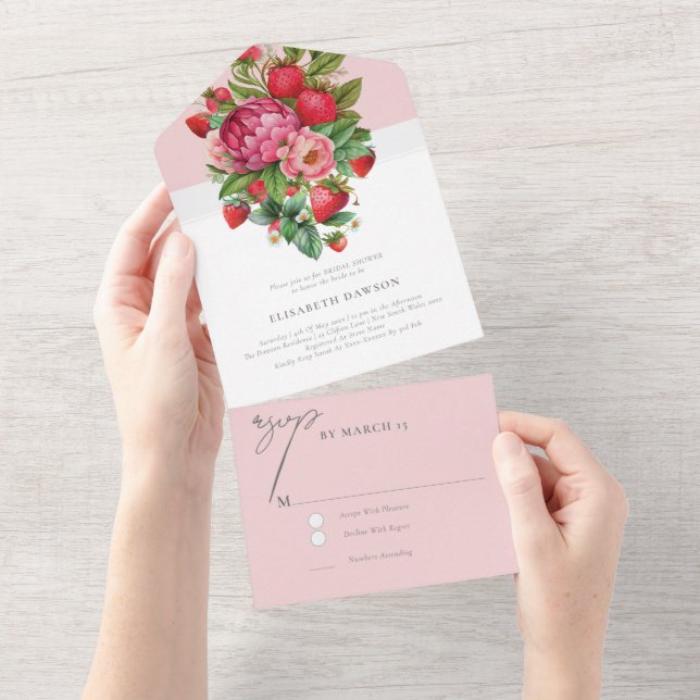 Invitación Todo En Uno Elegante Fresa y Peonies Bridal Shower Rsvp (desgarro)