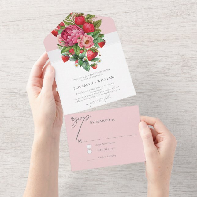 Invitación Todo En Uno Elegante Fresa y Peonies Wedding Rsvp (desgarro)