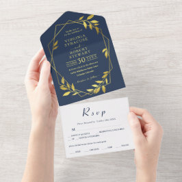 Invitación Todo En Uno Elegante Geométrico Moderno Boda de la Marina Azul