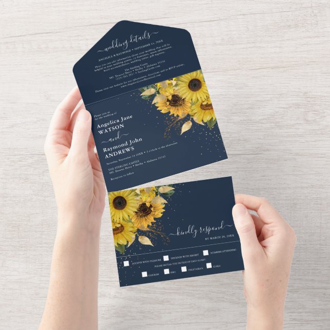 Invitación Todo En Uno Elegante Girasol de Medianoche Azul Marino Boda (desgarro)