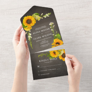 Invitación Todo En Uno Elegante Girasol En El Boda Rústico Del Cartón