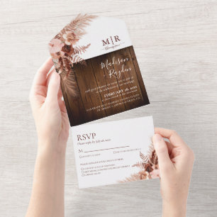 Invitación Todo En Uno Elegante Grado Boho Pampas con Boda de Madera Rúst