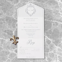 Invitación Todo En Uno Elegante Gray Chinoiserie Boda Escudo de pájaros