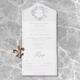 Invitación Todo En Uno Elegante Gray Chinoiserie Escudo Boda Cena