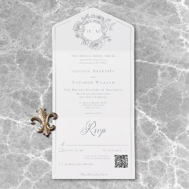 Invitación Todo En Uno Elegante Gray Chinoiserie Escudo de pájaros Boda Q