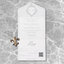 Invitación Todo En Uno Elegante Gray Chinoiserie Escudo de pájaros Boda Q
