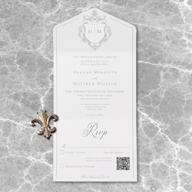 Invitación Todo En Uno Elegante Gray Chinoiserie Escudo de pájaros Boda Q (Elegant Gray Chinoiserie Bird Crest Wedding QR All In One Invitation)