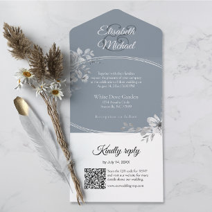 Invitación Todo En Uno Elegante Gris QR Código Boda Monograma RSVP