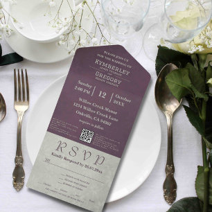 Invitación Todo En Uno Elegante Gris Sage de Otoño Aubergine Código QR