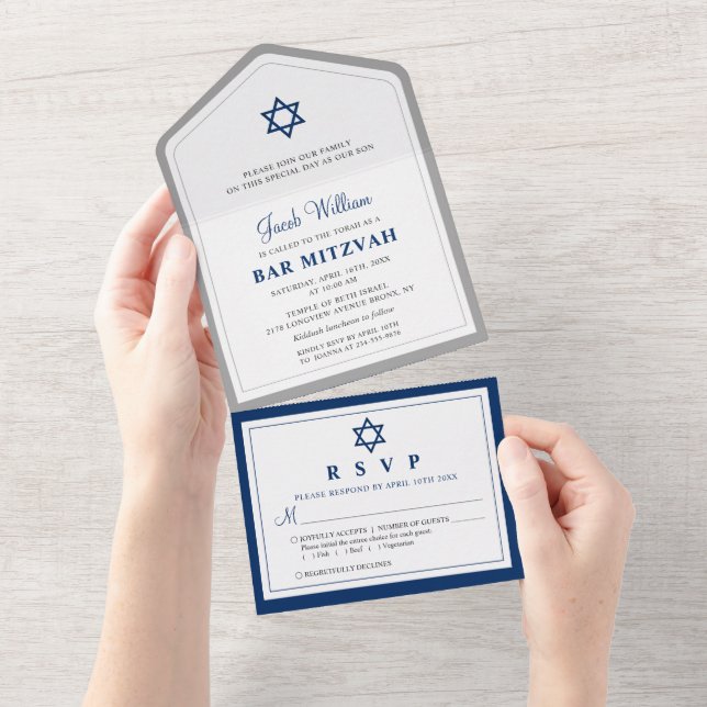 Invitación Todo En Uno Elegante gris y azul marino Bar Mitzvah Todo en un (desgarro)