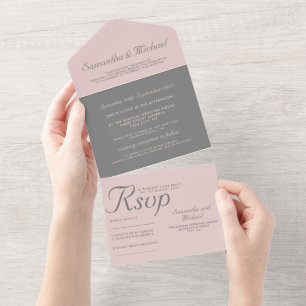 Invitación Todo En Uno Elegante Gris y Rosa Polvo Minimalista Todo en Uno
