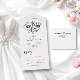 Invitación Todo En Uno Elegante guión Boda clásico negro y blanco