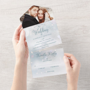 Invitación Todo En Uno Elegante guión Boda de fotos de copos de nieve en 