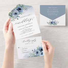 Invitación Todo En Uno Elegante guión brillante Boda azul con flores