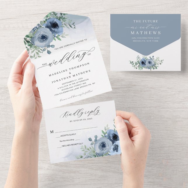 Invitación Todo En Uno Elegante guión brillante Boda azul con flores (Subido por el creador)