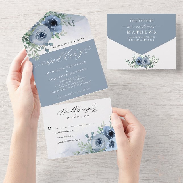 Invitación Todo En Uno Elegante guión brillante Boda azul con flores (Subido por el creador)
